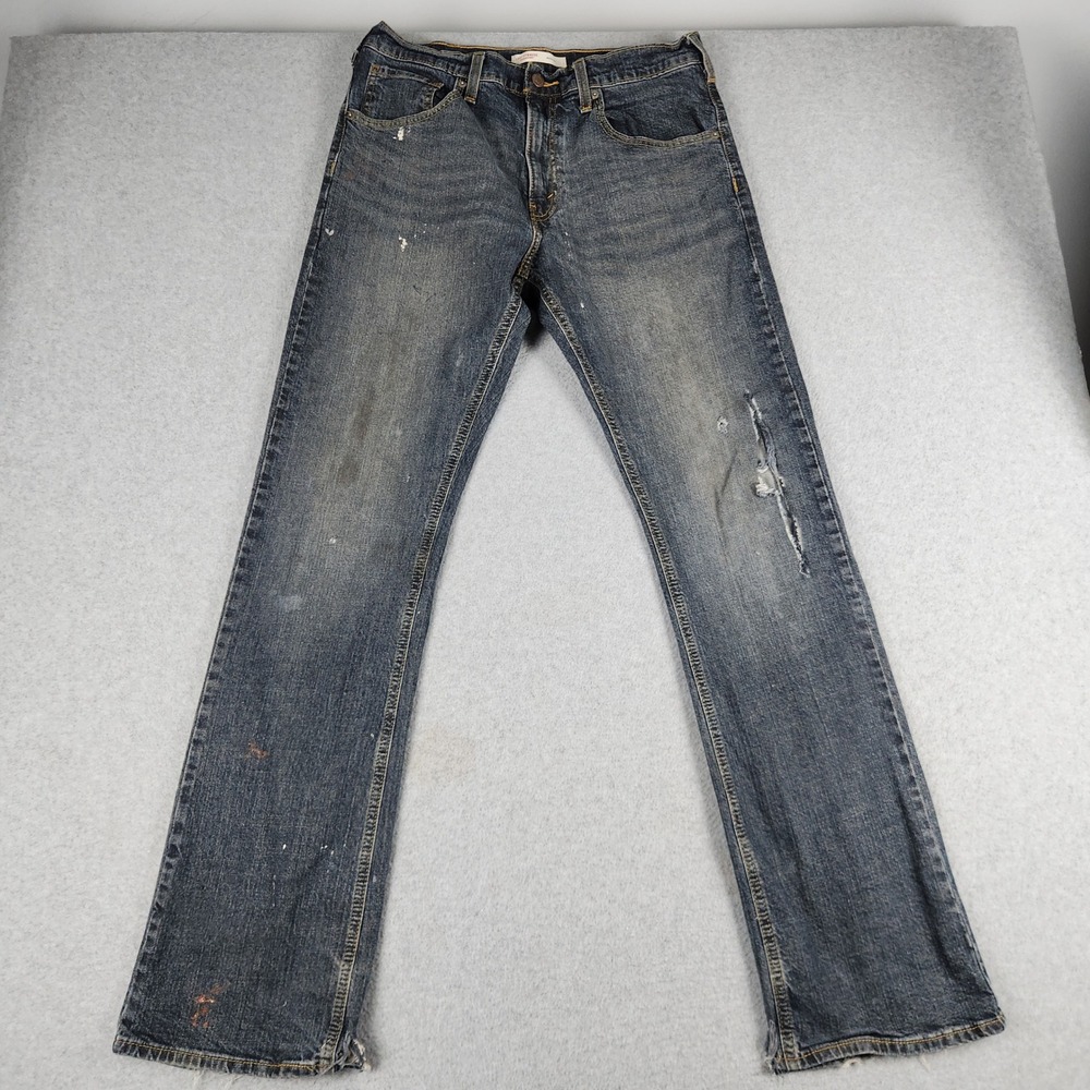 Levi Strauss Signature Bootcut Jeans Mens 32x34 Blue Whiskered Denim Distressed